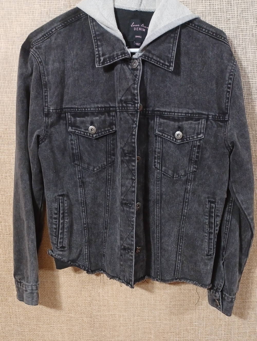 Love Tree Black Washed Denim Jacket with Gray Hood